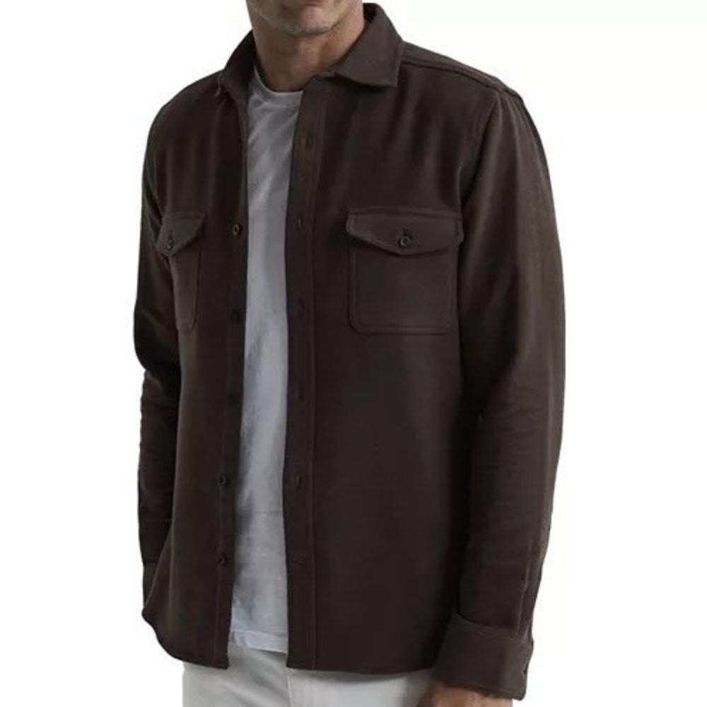 Reiss Miami Twin Pocket Collared Overshirt Shacket Brushed Cotton Brown Men's L